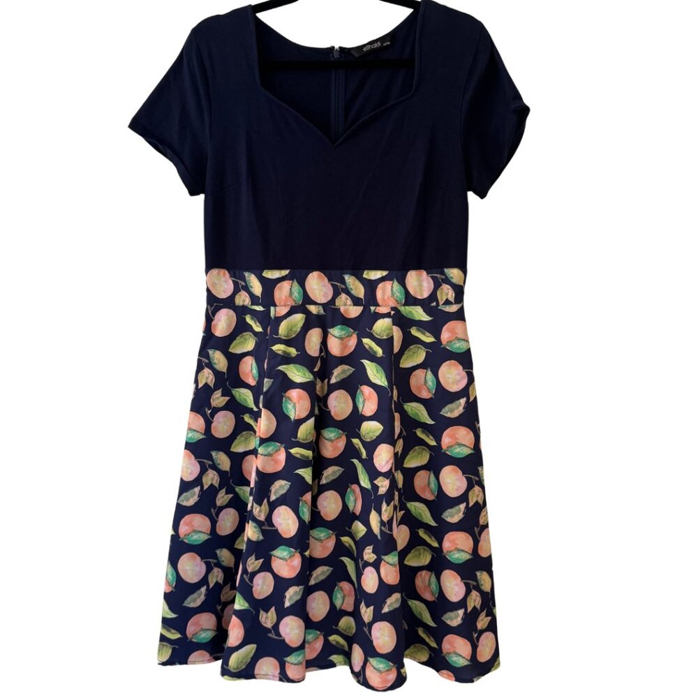 eShakti Custom Peach Print Midi Dress Navy Short Sleeve Fit & Flare Medium